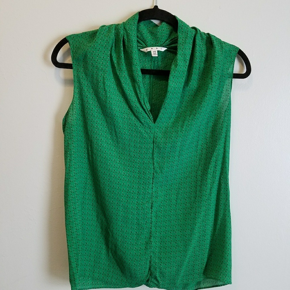 CAbi | Drapey Green Silk Sleeveless Blouse